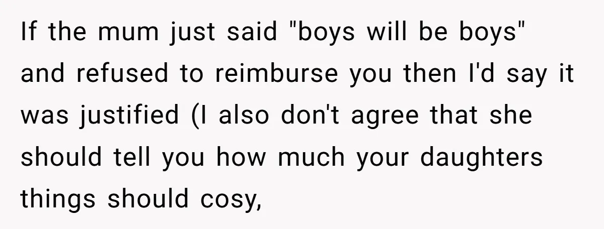 If the mum just said "boys will be boys" and refused to reimburse you then I'd say it was justified (I also don't agree that she should tell you how...