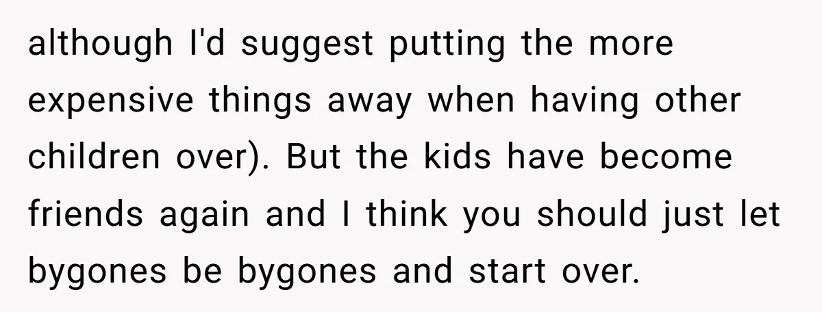 although I'd suggest putting the more expensive things away when having other children over). But the kids have become friends again and I think you should just let bygones be...
