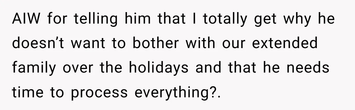 AIW for telling him that I totally get why he doesn’t want to bother with our extended family over the holidays and that he needs time to process everything?.