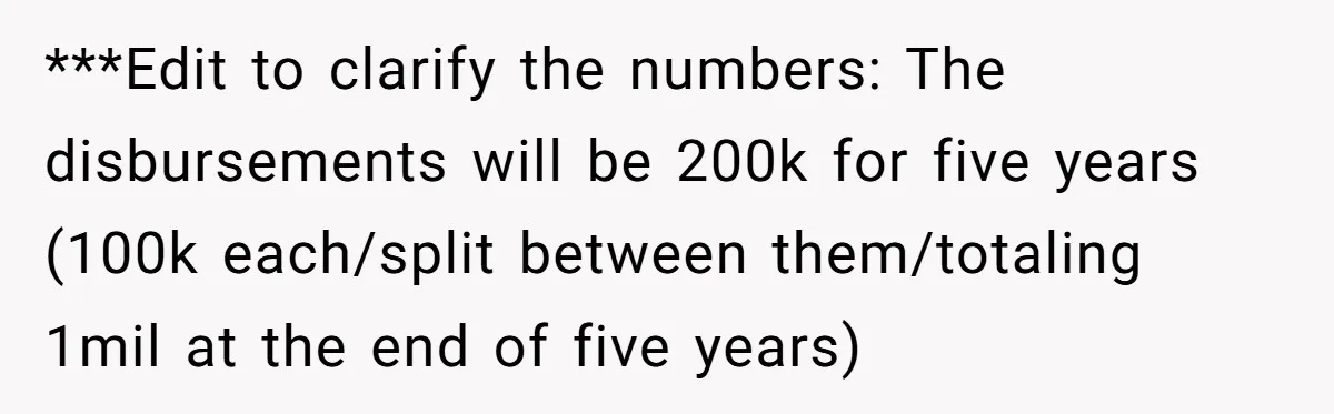 ***Edit to clarify the numbers: The disbursements will be 200k for five years (100k each/split between them/totaling 1mil at the end of five years)