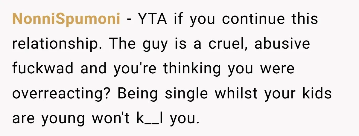 NonniSpumoni − YTA if you continue this relationship. The guy is a cruel, abusive fuckwad and you're thinking you were overreacting? Being single whilst your kids are young won't k__l...