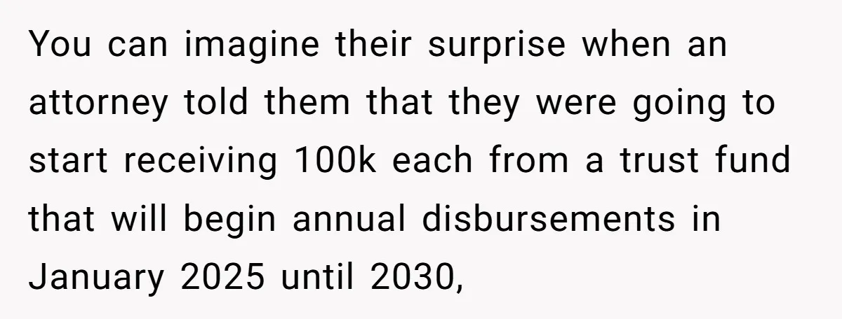 You can imagine their surprise when an attorney told them that they were going to start receiving 100k each from a trust fund that will begin annual disbursements in January...