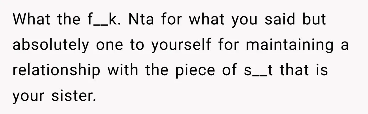 What the f__k. Nta for what you said but absolutely one to yourself for maintaining a relationship with the piece of s__t that is your sister.