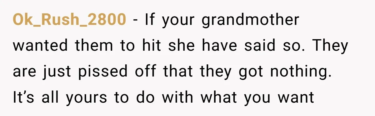 Ok_Rush_2800 − If your grandmother wanted them to hit she have said so. They are just pissed off that they got nothing. It’s all yours to do with what you...
