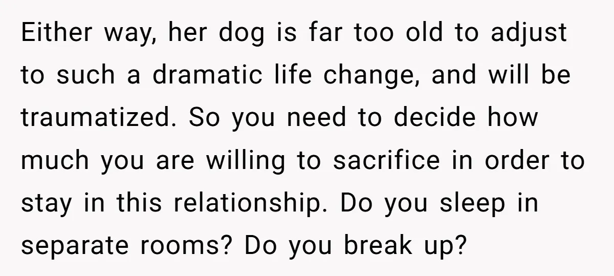 Either way, her dog is far too old to adjust to such a dramatic life change, and will be traumatized. So you need to decide how much you are willing...