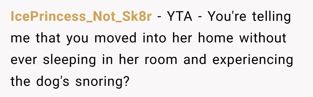 IcePrincess_Not_Sk8r − YTA - You're telling me that you moved into her home without ever sleeping in her room and experiencing the dog's snoring?