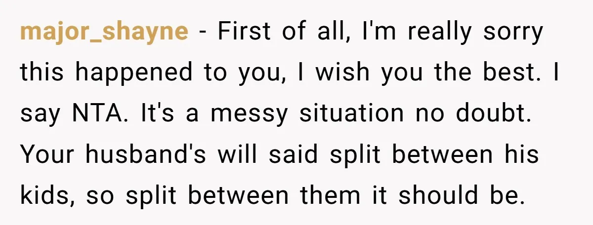 major_shayne − First of all, I'm really sorry this happened to you, I wish you the best. I say NTA. It's a messy situation no doubt. Your husband's will said...