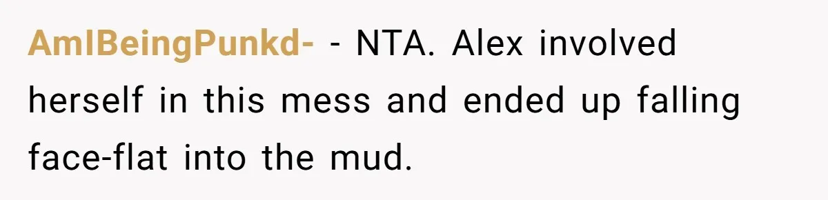 AmIBeingPunkd- − NTA. Alex involved herself in this mess and ended up falling face-flat into the mud.