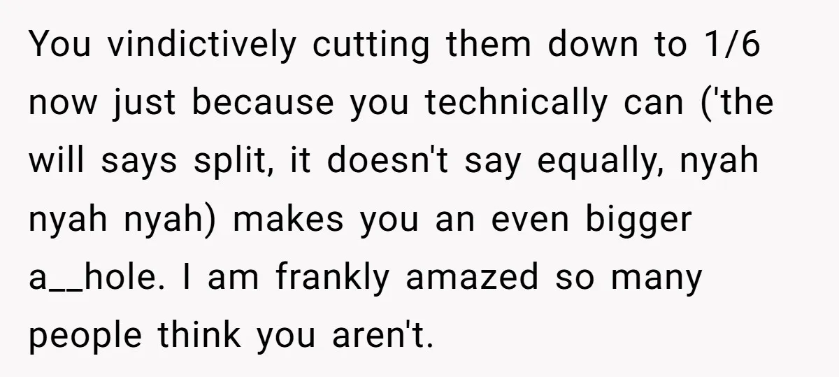 You vindictively cutting them down to 1/6 now just because you technically can ('the will says split, it doesn't say equally, nyah nyah nyah) makes you an even bigger a__hole....