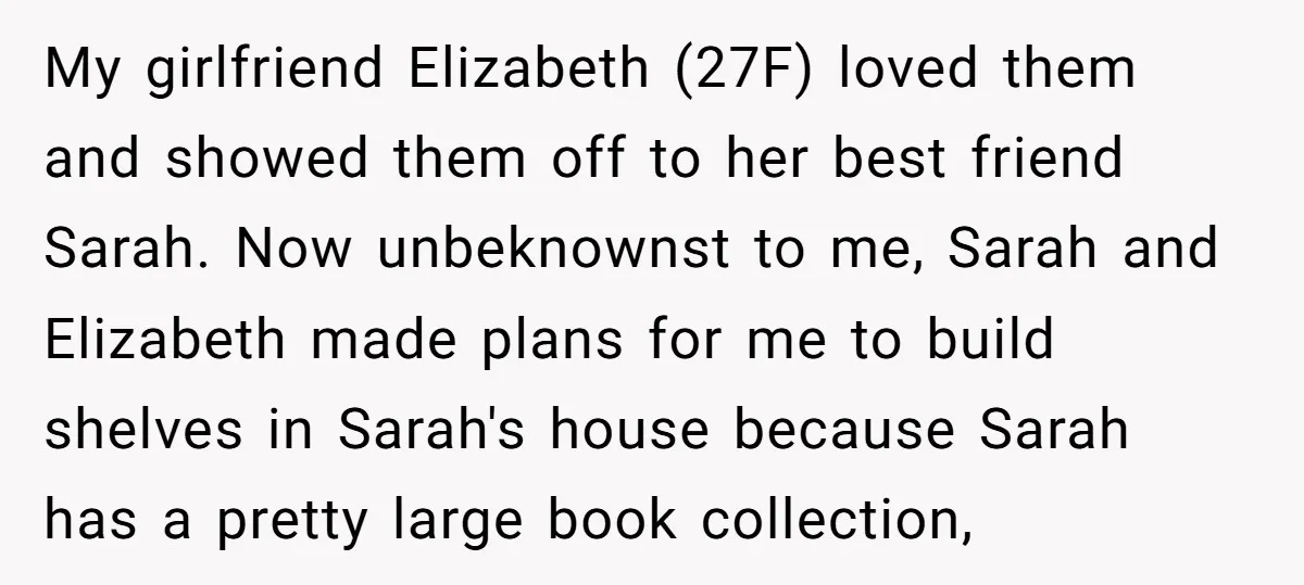 My girlfriend Elizabeth (27F) loved them and showed them off to her best friend Sarah. Now unbeknownst to me, Sarah and Elizabeth made plans for me to build shelves in...