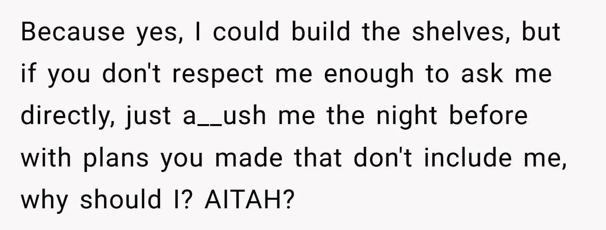 Because yes, I could build the shelves, but if you don't respect me enough to ask me directly, just a__ush me the night before with plans you made that don't...