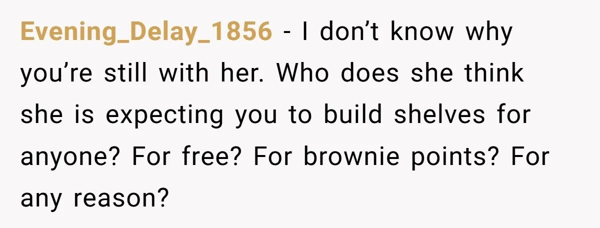 Evening_Delay_1856 − I don’t know why you’re still with her. Who does she think she is expecting you to build shelves for anyone? For free? For brownie points? For any...