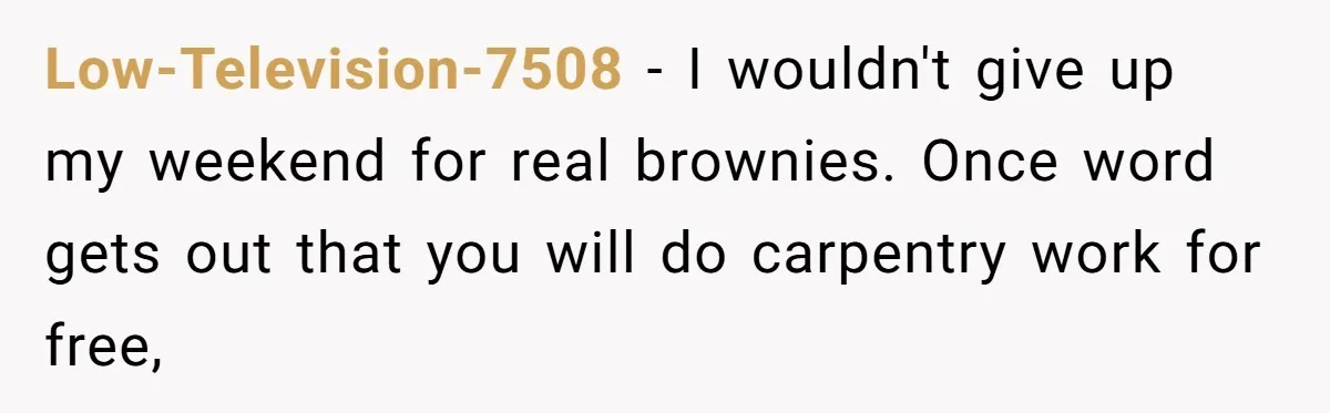 Low-Television-7508 − I wouldn't give up my weekend for real brownies. Once word gets out that you will do carpentry work for free,