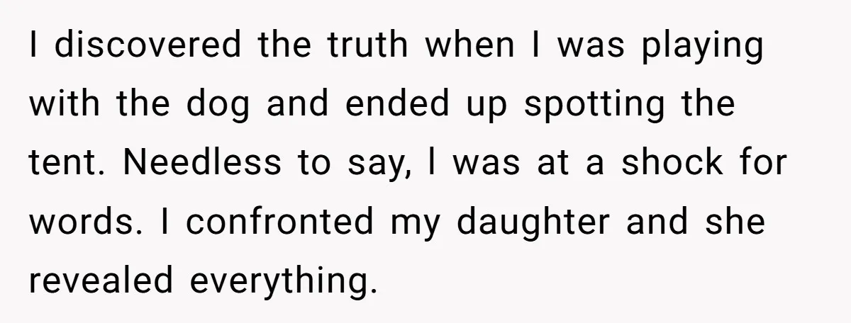 I discovered the truth when I was playing with the dog and ended up spotting the tent. Needless to say, l was at a shock for words. I confronted my...