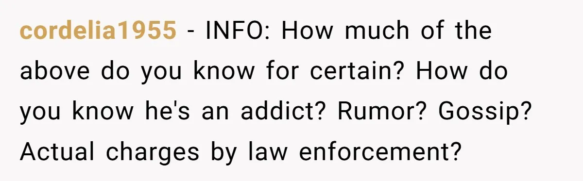 cordelia1955 − INFO: How much of the above do you know for certain? How do you know he's an addict? Rumor? Gossip? Actual charges by law enforcement?