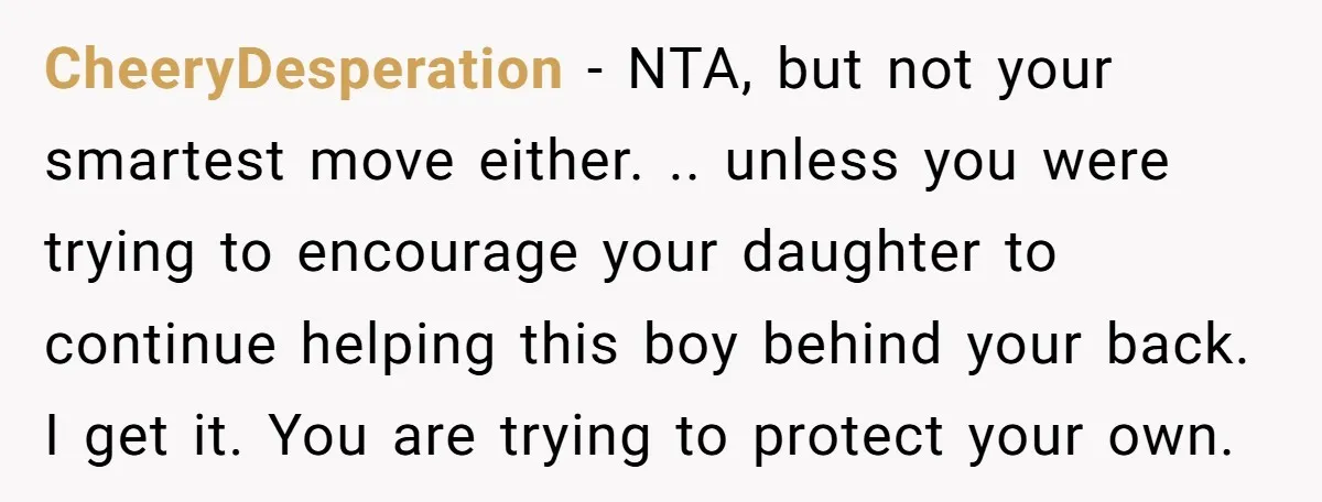 CheeryDesperation − NTA, but not your smartest move either. .. unless you were trying to encourage your daughter to continue helping this boy behind your back. I get it. You...