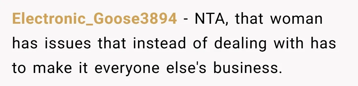 Electronic_Goose3894 − NTA, that woman has issues that instead of dealing with has to make it everyone else's business.