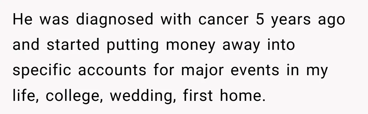 He was diagnosed with cancer 5 years ago and started putting money away into specific accounts for major events in my life, college, wedding, first home.
