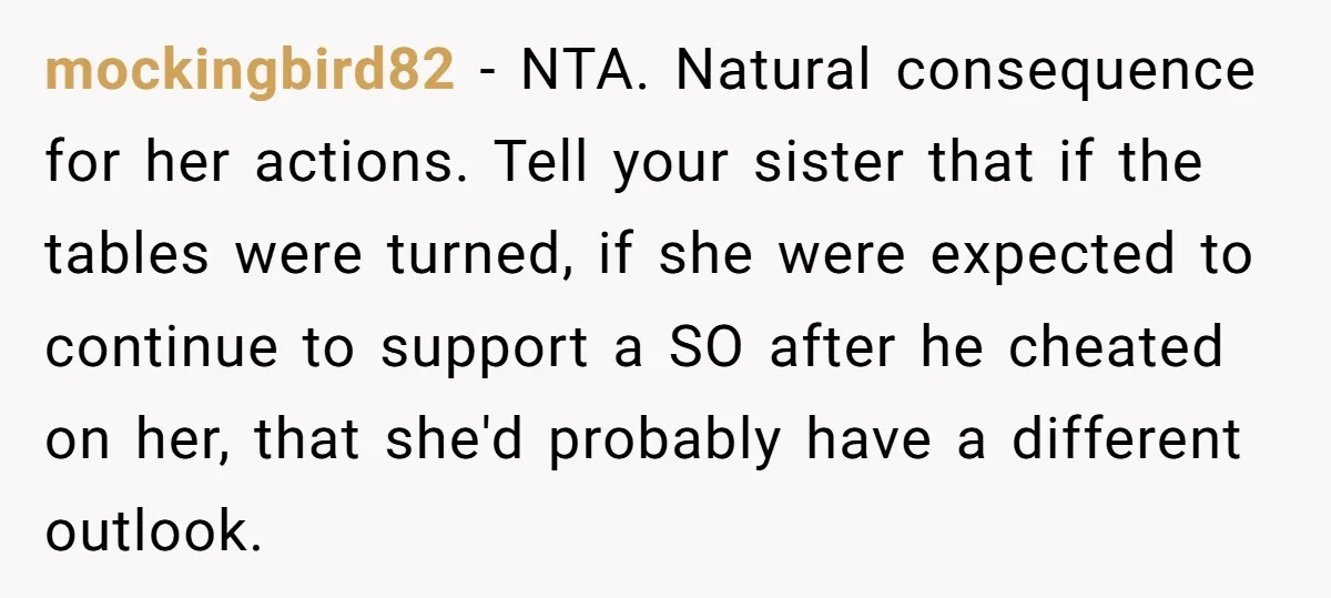 mockingbird82 − NTA. Natural consequence for her actions. Tell your sister that if the tables were turned, if she were expected to continue to support a SO after he cheated...