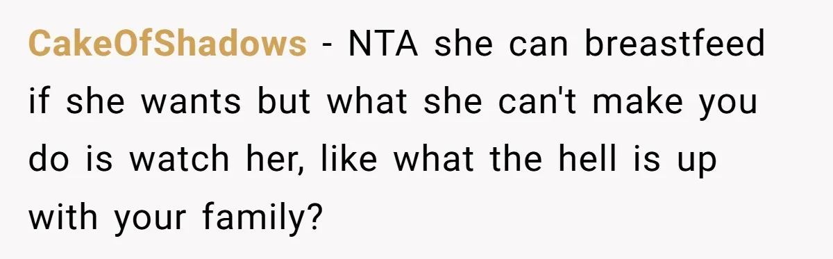CakeOfShadows − NTA she can breastfeed if she wants but what she can't make you do is watch her, like what the hell is up with your family?