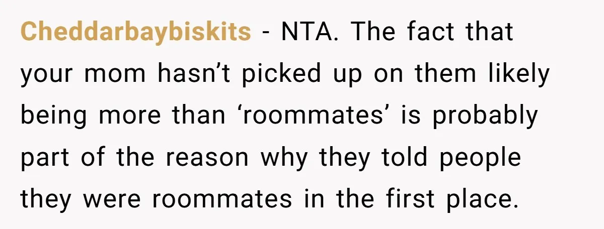 Cheddarbaybiskits − NTA. The fact that your mom hasn’t picked up on them likely being more than ‘roommates’ is probably part of the reason why they told people they were...
