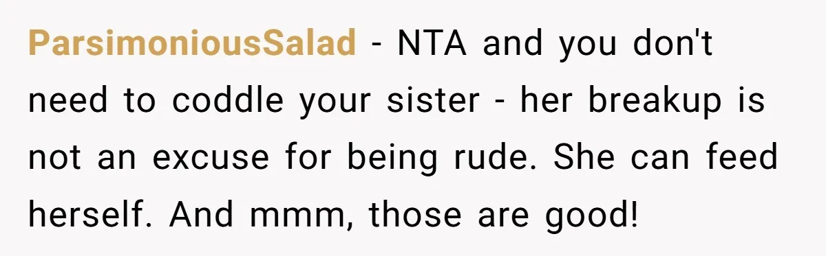 ParsimoniousSalad − NTA and you don't need to coddle your sister - her breakup is not an excuse for being rude. She can feed herself. And mmm, those are good!