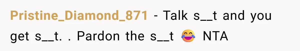 Pristine_Diamond_871 − Talk s__t and you get s__t. . Pardon the s__t 😂 NTA
