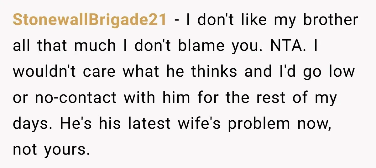 StonewallBrigade21 − I don't like my brother all that much I don't blame you. NTA. I wouldn't care what he thinks and I'd go low or no-contact with him for...