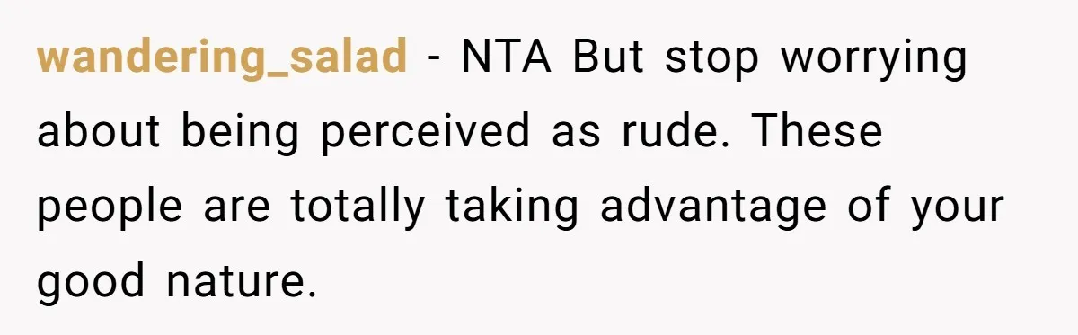 wandering_salad − NTA But stop worrying about being perceived as rude. These people are totally taking advantage of your good nature.
