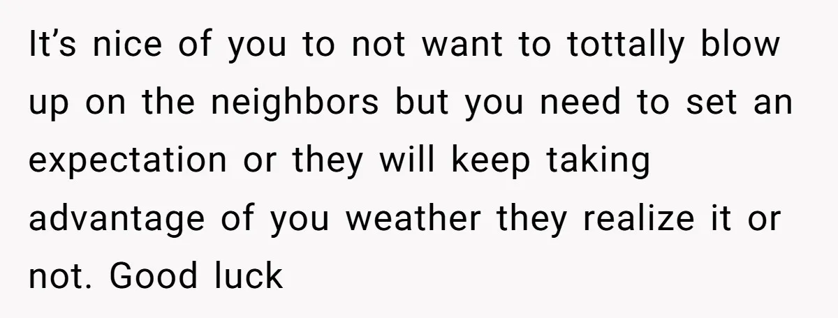 It’s nice of you to not want to tottally blow up on the neighbors but you need to set an expectation or they will keep taking advantage of you weather...