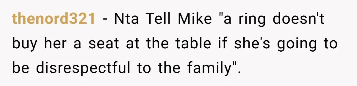 thenord321 − Nta Tell Mike "a ring doesn't buy her a seat at the table if she's going to be disrespectful to the family".
