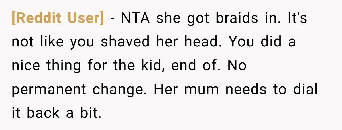 [Reddit User] − NTA she got braids in. It's not like you shaved her head. You did a nice thing for the kid, end of. No permanent change. Her mum...