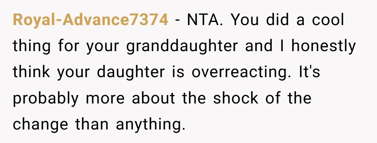 Royal-Advance7374 − NTA. You did a cool thing for your granddaughter and I honestly think your daughter is overreacting. It's probably more about the shock of the change than anything.