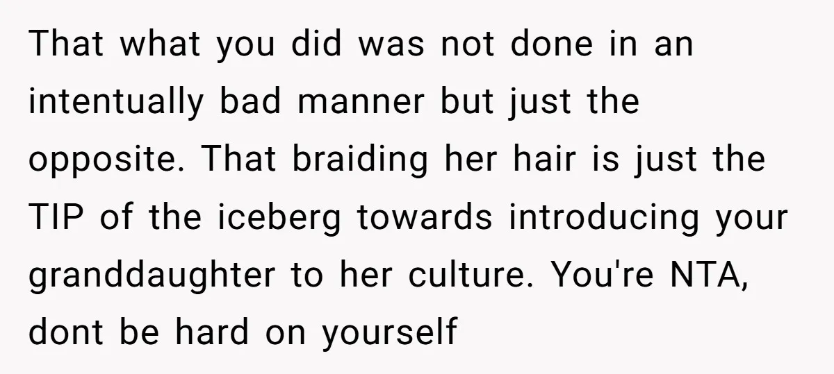 That what you did was not done in an intentually bad manner but just the opposite. That braiding her hair is just the TIP of the iceberg towards introducing your...