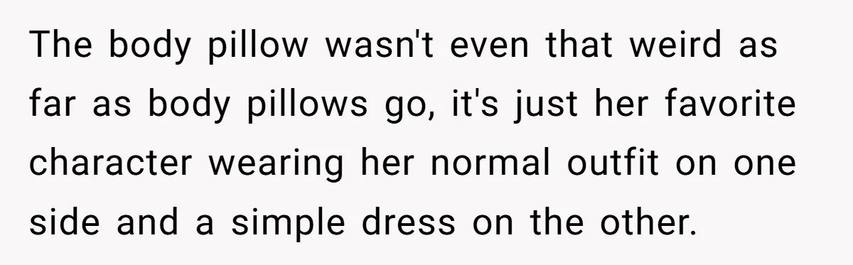 The body pillow wasn't even that weird as far as body pillows go, it's just her favorite character wearing her normal outfit on one side and a simple dress on...