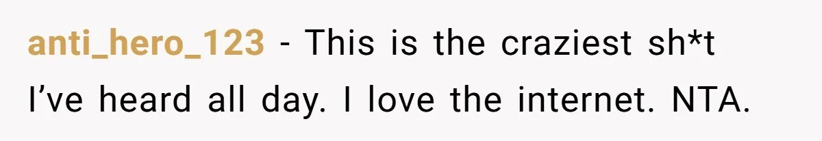 anti_hero_123 − This is the craziest sh*t I’ve heard all day. I love the internet. NTA.