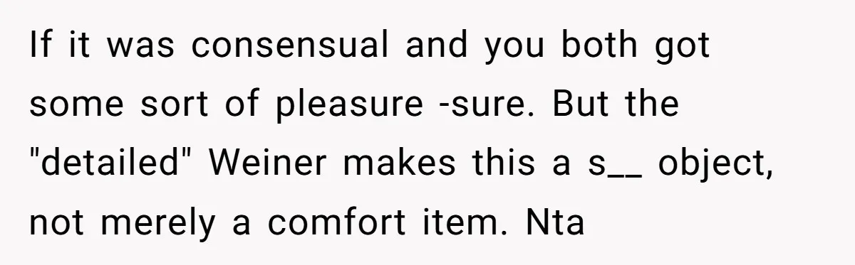 If it was consensual and you both got some sort of pleasure -sure. But the "detailed" Weiner makes this a s__ object, not merely a comfort item. Nta