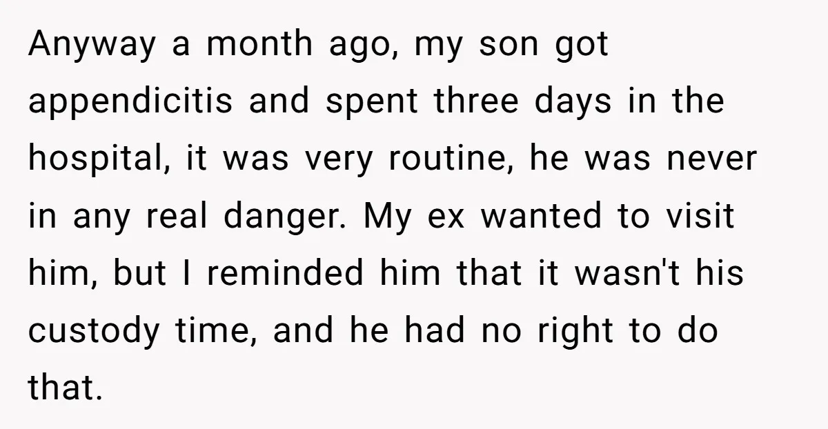 Anyway a month ago, my son got appendicitis and spent three days in the hospital, it was very routine, he was never in any real danger. My ex wanted to...