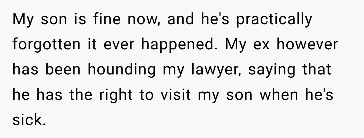 My son is fine now, and he's practically forgotten it ever happened. My ex however has been hounding my lawyer, saying that he has the right to visit my son...