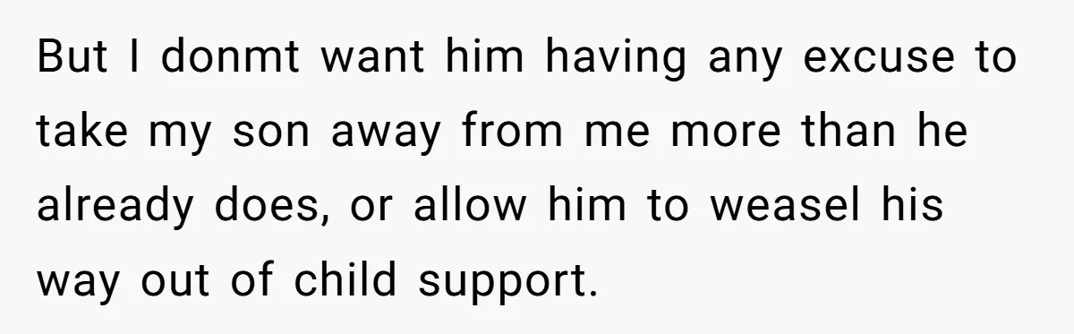But I donmt want him having any excuse to take my son away from me more than he already does, or allow him to weasel his way out of child...