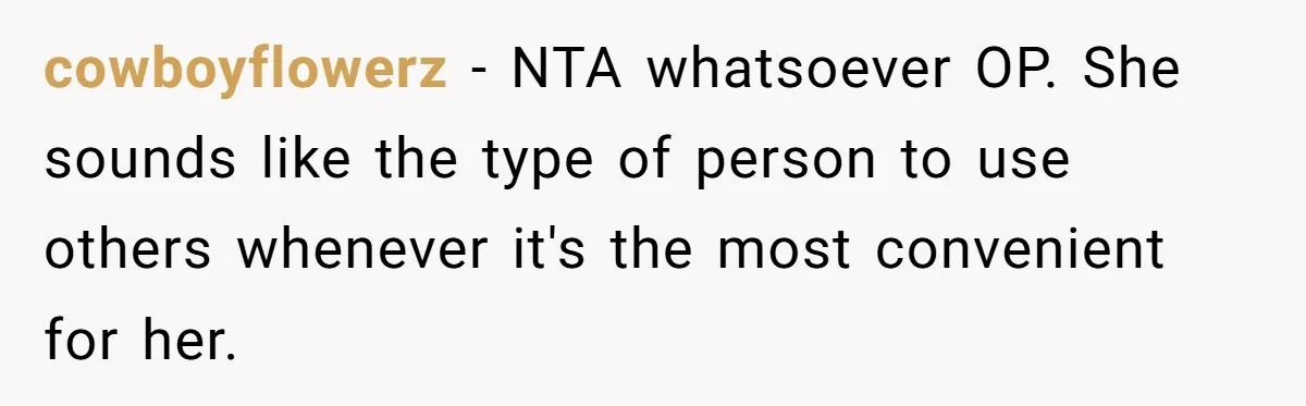 cowboyflowerz − NTA whatsoever OP. She sounds like the type of person to use others whenever it's the most convenient for her.