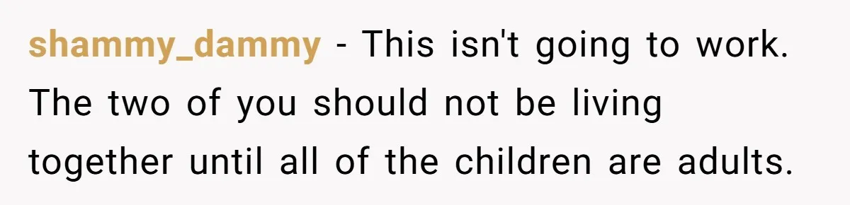 shammy_dammy − This isn't going to work. The two of you should not be living together until all of the children are adults.