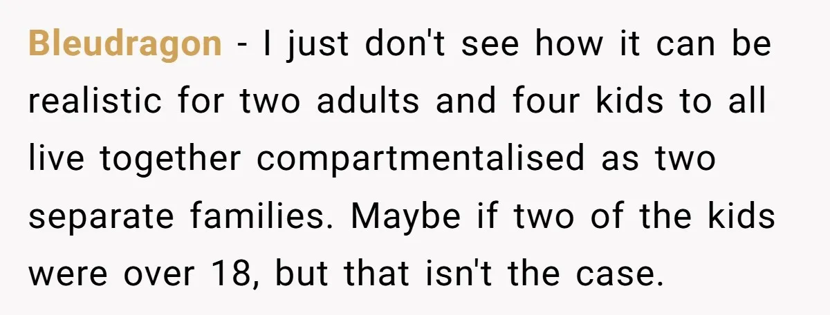 Bleudragon − I just don't see how it can be realistic for two adults and four kids to all live together compartmentalised as two separate families. Maybe if two of...