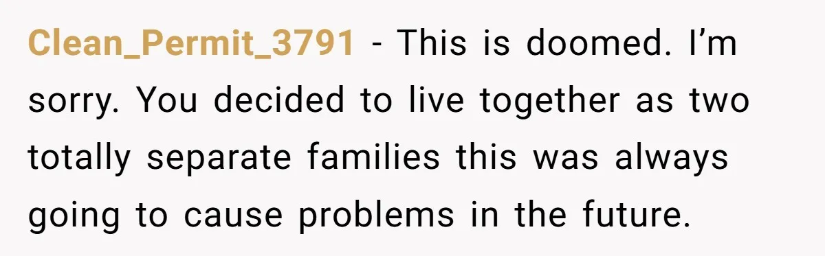 Clean_Permit_3791 − This is doomed. I’m sorry. You decided to live together as two totally separate families this was always going to cause problems in the future.