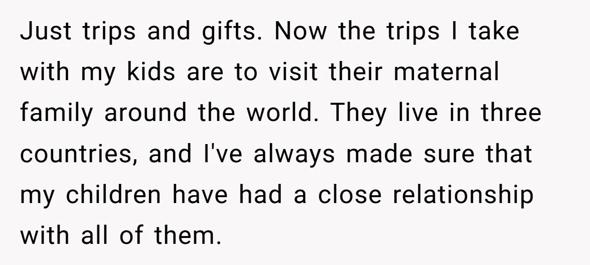 Just trips and gifts. Now the trips I take with my kids are to visit their maternal family around the world. They live in three countries, and I've always made...