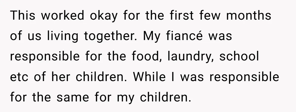 This worked okay for the first few months of us living together. My fiancé was responsible for the food, laundry, school etc of her children. While I was responsible for...