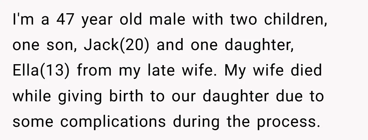 I'm a 47 year old male with two children, one son, Jack(20) and one daughter, Ella(13) from my late wife. My wife died while giving birth to our daughter due...