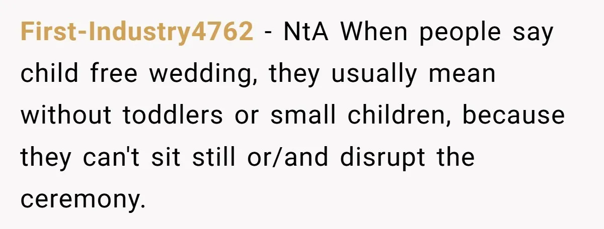 First-Industry4762 − NtA When people say child free wedding, they usually mean without toddlers or small children, because they can't sit still or/and disrupt the ceremony.