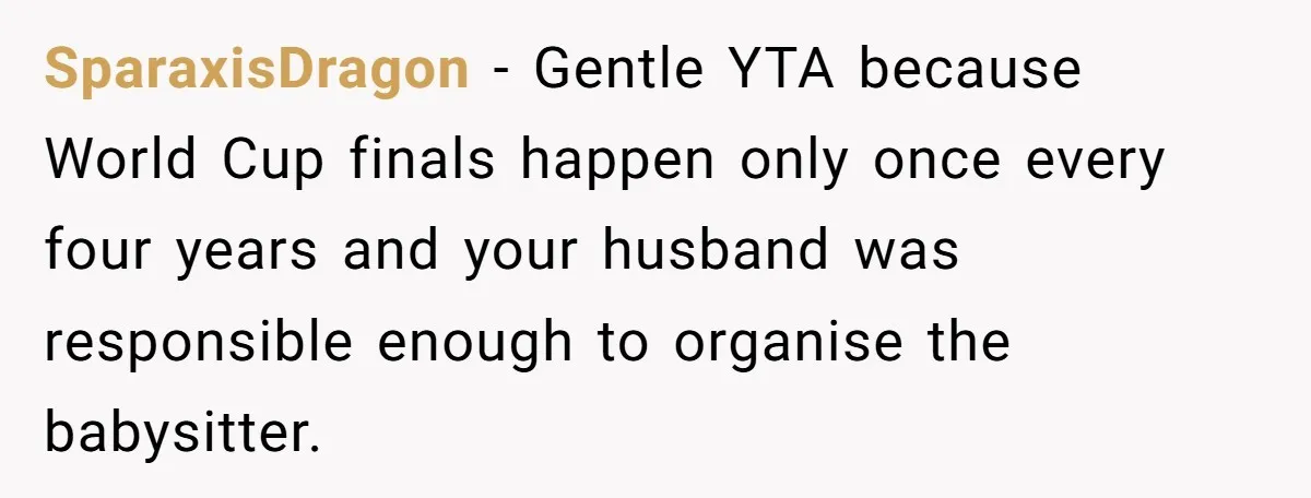 SparaxisDragon − Gentle YTA because World Cup finals happen only once every four years and your husband was responsible enough to organise the babysitter.