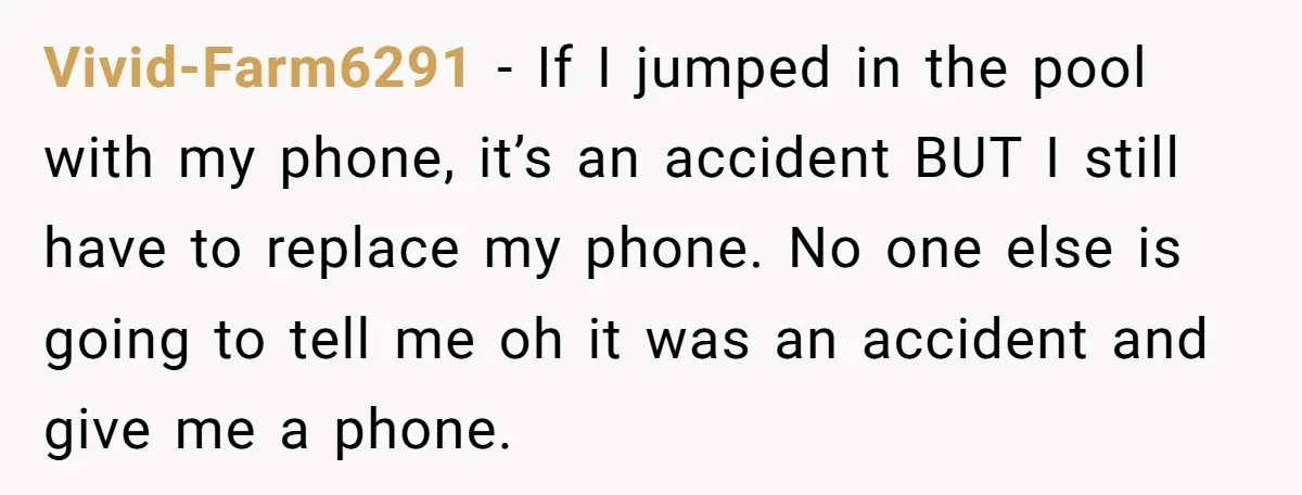 Vivid-Farm6291 − If I jumped in the pool with my phone, it’s an accident BUT I still have to replace my phone. No one else is going to tell me...